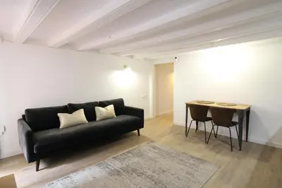 a living room with a black couch and a table at New design apartment in Barcelona center. in Barcelona