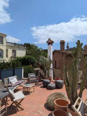 a patio with chairs and cacti on a roof at Hostal de la Plaça - Hotel Boutique in Cabrils