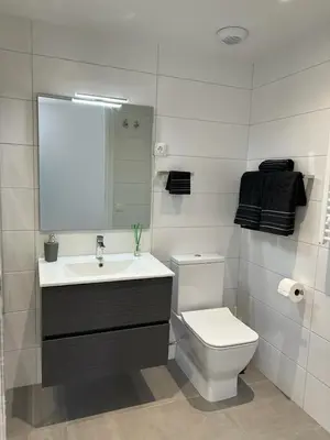 a bathroom with a sink and a toilet and a mirror at Confortable habitación doble - 2 in Sant Adria de Besos
