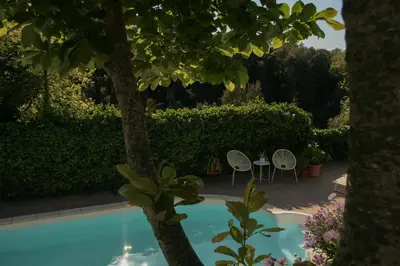 a pool with two chairs and a table and trees at Casa Magnolia in Dosríus