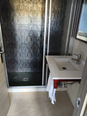 a bathroom with a sink and a shower at L'Olivera Casa Rural in Castellbisbal