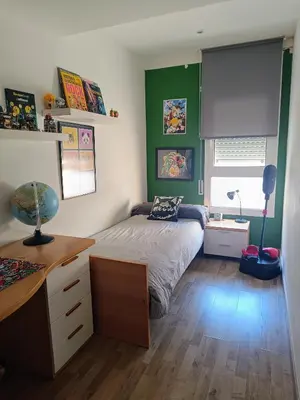 a bedroom with green walls and a bed and a desk at Precioso Dúplex con terraza a 5 minutos playa y 20 minutos de Barcelona in Premiá de Mar