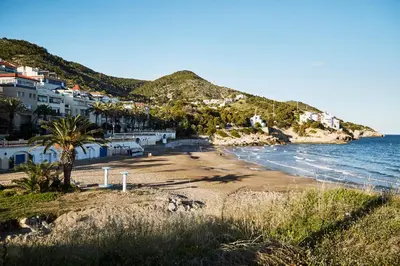 a view of a beach with houses and the ocean at Centro Sitges in Sitges
