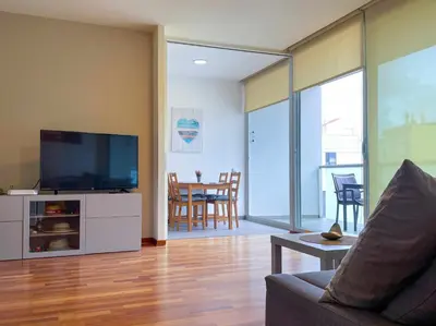 a living room with a couch and a flat screen tv at Apt Mediterreanea Parking Terrazza Netflix Hostem in Vilanova i la Geltrú