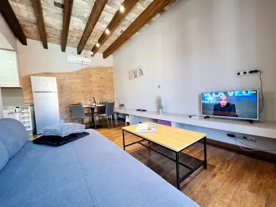 a living room with a couch and a flat screen tv at Suite Gracia Barcelona in Barcelona
