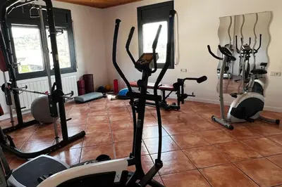 a gym with several treadmills and exercise bikes at Villa Oasis entre Viñedos cerca de Barcelona con A A y piscina climatizada in Caserío de Caʼn Rosell