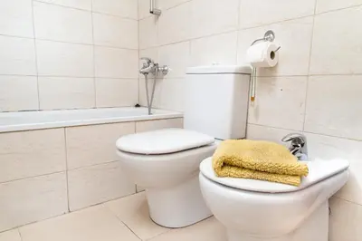 a bathroom with a toilet and a bath tub at New & Sunny Apartment in Barcelona