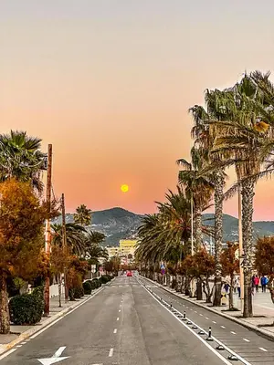an empty street with palm trees and a sunset at Modern Duplex in Sitges with Private Parking, Sea Views & Terrace in Sitges