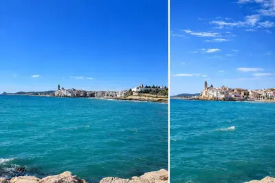 two pictures of the ocean with a town in the background at Modern Duplex in Sitges with Private Parking, Sea Views & Terrace in Sitges