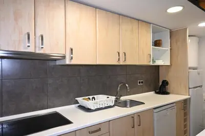 a kitchen with wooden cabinets and a sink at Homenfun Barcelona Vallcarca in Barcelona
