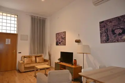 a living room with a couch and a television at Homenfun Barcelona Vallcarca in Barcelona