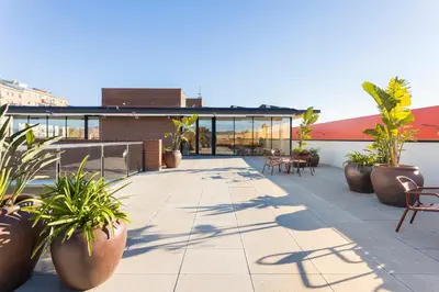 a patio with potted plants on a building at Hotel Terrassa Confort in Terrassa