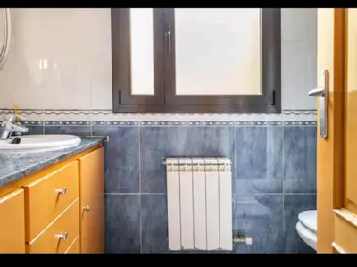 a bathroom with a sink and a toilet and a mirror at piso con vistas a la montaña in Monistrol