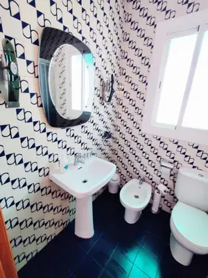 a bathroom with a sink and a toilet and a mirror at Amplio apartamento con terraza in Hospitalet de Llobregat