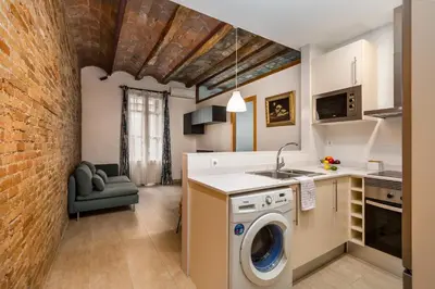 a kitchen with a washer and dryer next to a brick wall at Space & Privacy Terrace, AC, Central Gràcia in Barcelona
