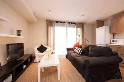 a living room with a couch and a tv at Port VII Apt centrico acogedor w balcon 23 in Barcelona