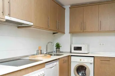 a kitchen with a sink and a washing machine at Port VI Apart céntrico ideal familias 22 in Barcelona