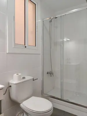 a bathroom with a toilet and a glass shower at Céntrico apartamento in Barcelona