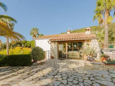 a house with a stone patio and palm trees at Finca Montnegre Suites and Spa in Sant Iscle de Vallalta