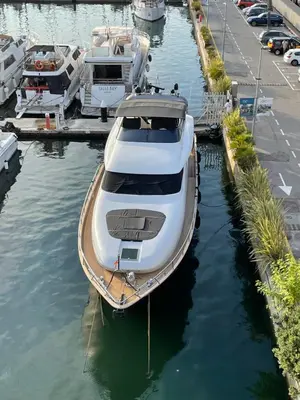 a white boat is docked in a marina at MotorYacht 21 avec équipage in Barcelona