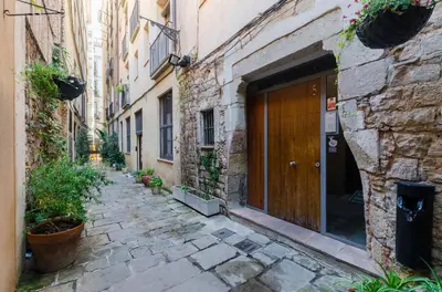 an alley in an old building with a wooden door at Maravilloso piso en el corazón de Barcelona in Barcelona