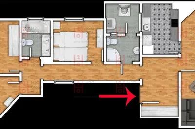 a floor plan of a house with a red arrow at Canela Homes BARCELONA ROSSELLÓ in Barcelona