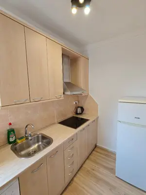 a kitchen with wooden cabinets and a sink and a refrigerator at Cozy apartment in Gracia in Barcelona