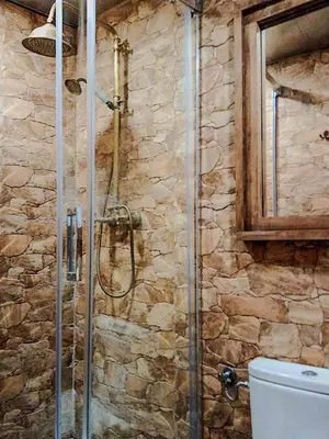 a shower in a stone bathroom with a toilet at Stay U-nique Apartment Tamarit II in Barcelona