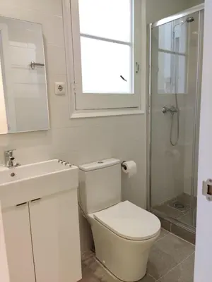 a bathroom with a toilet and a sink and a mirror at Family apartment Gracia in Barcelona