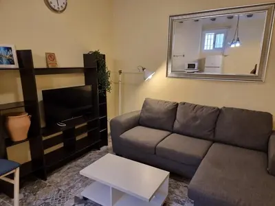 a living room with a couch and a mirror at 2 bedrm BCN down AC WIFI 30 nigths min in Barcelona