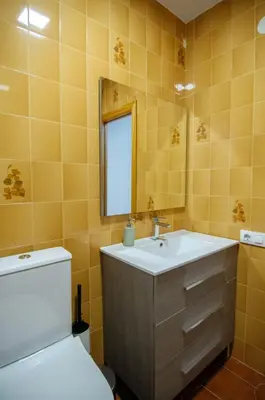 a bathroom with a sink and a toilet and a mirror at Apartamento al lado Del Mar in Sant Adria de Besos