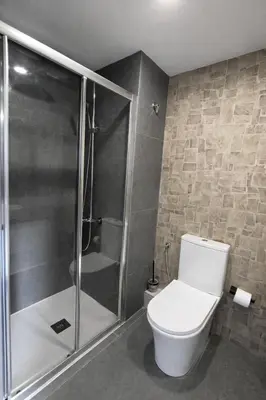 a bathroom with a toilet and a shower at Apartamento P1 30min Sagrada Familia, 10 min playa in Badalona