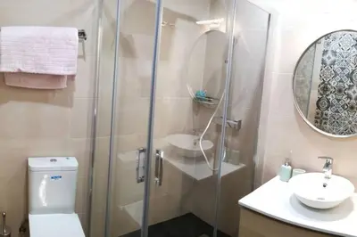 a bathroom with a shower and a toilet and a sink at Apartamento P1 30min Sagrada Familia, 10 min playa in Badalona