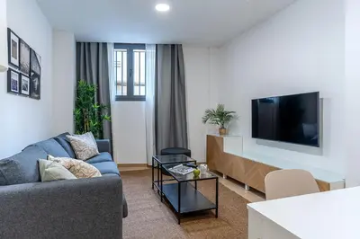 a living room with a couch and a tv at AB Besòs River Apartment in Sant Adria de Besos