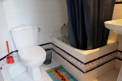 a bathroom with a toilet and a sink and a shower curtain at Quiet apartment! Sagrada Familia! in Barcelona