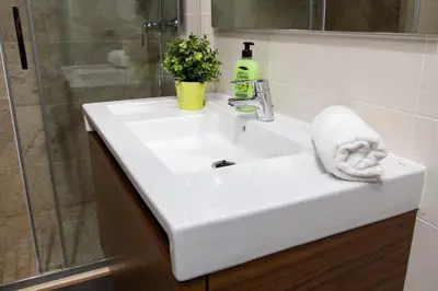 a white bathroom sink with a bottle of soap and a plant at Autèntic Eixample Barcelona in Barcelona