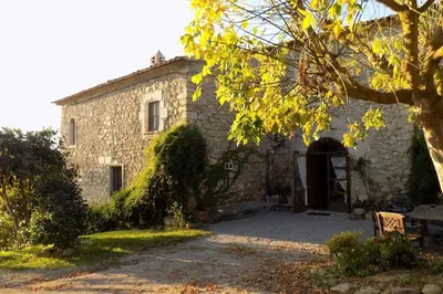 a stone building with a door and a tree at Can Vidal in Subirats