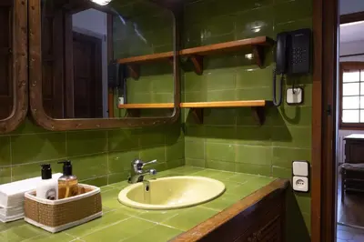 a green bathroom with a sink and a mirror at Villa Alella, 5 bedrooms & pool in Alella