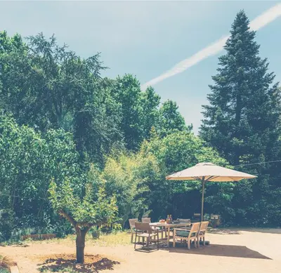 a picnic table with an umbrella and chairs at L'ESTABLE DE CAN TABERNER in Bigues i Riells