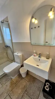 a bathroom with a toilet and a sink and a shower at Vila Sitges, big house with pool in Sitges