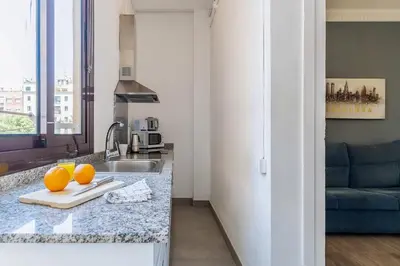 a kitchen with a sink and oranges on a counter at AB Marina Apartments in Barcelona