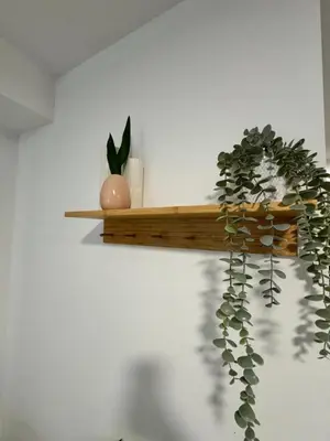 a wooden shelf with a plant on a wall at Private terrace 1BR apt - 4min walk to the beach in Pineda de Mar