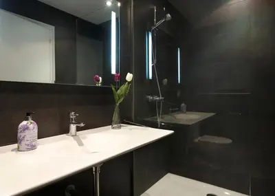 a bathroom with a sink and a mirror at Apartamentos Olivier in Barcelona