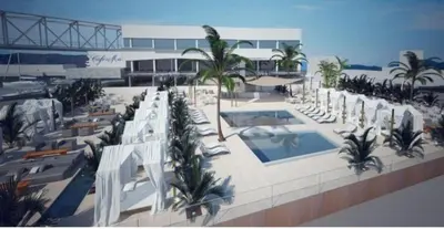 a rendering of a resort with a swimming pool and chairs at Vintage and cozy sailing boat in Barcelona in Barcelona