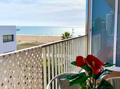a balcony with a view of the beach and a plant at BEACHFRONT APARTMENT Castelldefels in Castelldefels