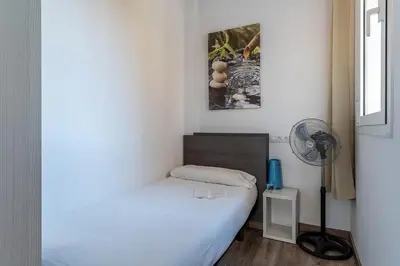 a small bedroom with a bed and a fan at 2514 - AB Comte dUrgell V-II in Barcelona