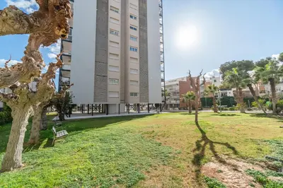 a park with a tree and a building at Horizonte Azul Sitges in Sitges