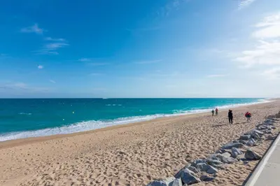 a group of people walking on the beach at HomeHolidaysRentals Anais - Costa Barcelona in Pineda de Mar