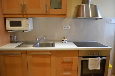 a kitchen with a sink and a microwave at Apartment Bed&BCN Sant Andreu II in Barcelona