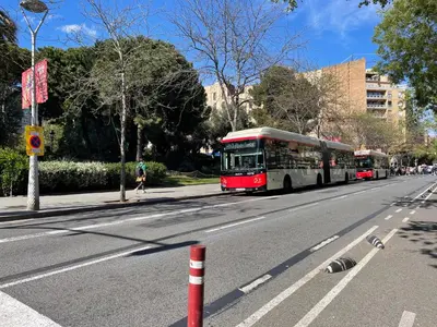 two buses are driving down a city street at Lazy Donkey Sagrada Familia in Barcelona